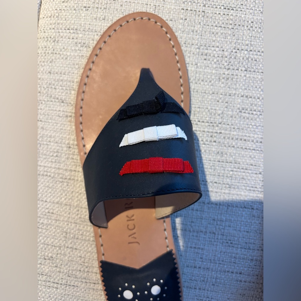 Jack Rogers Navy Sandals Size 9.5 Red White Blue Bow Leather Flat NWT - Picture 2 of 4